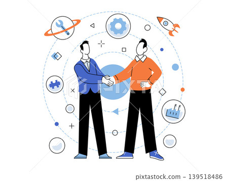 Two men shaking hands with industrial icons vector illustration. Partnership, industrial collaboration, startup launch, technical support, manufacturing, synergy. Male colleagues greeting. Two men shaking hands with industrial icons vector illustration. Partnership, industrial collaboration, startup launch, technical support, manufacturing, synergy. Male colleagues greeting. 139518486