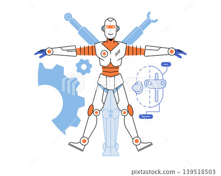 Robot in Vitruvian pose with gears vector illustration. Artificial intelligence, robotics engineering, machine automation, future technology, design, cyborg anatomy. droid figure posing with parts 139518503