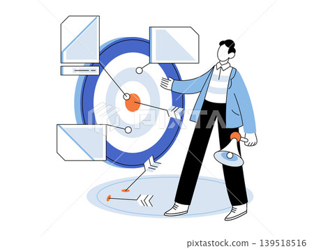 Person with megaphone near target vector illustration. Marketing strategy, audience reach, digital promotion, business goals, engagement, growth. Marketer with loudspeaker near goal objective 139518516
