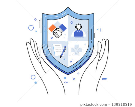 Hands protecting a blue shield with business symbols vector illustration. Insurance coverage, health protection, legal agreement, partnership, safety, support. Palms holding defensive crest Hands protecting a blue shield with business symbols vector illustration. Insurance coverage, health protection, legal agreement, partnership, safety, support. Palms holding defensive crest 139518519