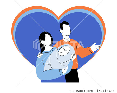 Couple holding a wrapped baby against a heart vector illustration. Parenthood, child care, family planning, life insurance, maternity, birth. Parents embracing their newborn infant Couple holding a wrapped baby against a heart vector illustration. Parenthood, child care, family planning, life insurance, maternity, birth. Parents embracing their newborn infant 139518528