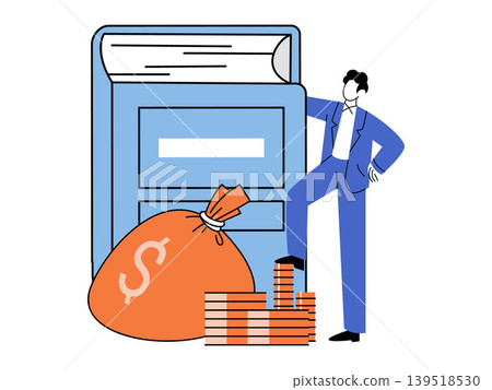 Businessman standing by a book and money bag vector illustration. Financial law, wealth management, business education, legal advice, accounting, investment. Professional male with manual and currency Businessman standing by a book and money bag vector illustration. Financial law, wealth management, business education, legal advice, accounting, investment. Professional male with manual and currency 139518530