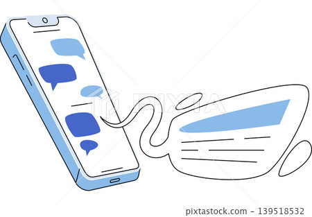Phone with chat bubbles and paper document vector illustration. Data transfer, digital backup, mobile workflow, electronic record, formal document, online service. Mobile device messaging linked to 139518532