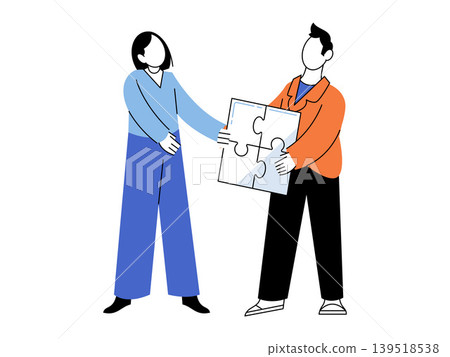 Two colleagues connecting puzzle pieces together vector illustration Teamwork strategy problem solving cooperation partnership joint project Office workers joining parts Two colleagues connecting puzzle pieces together vector illustration Teamwork strategy problem solving cooperation partnership joint project Office workers joining parts 139518538