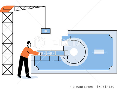 Construction man building a giant banknote with a crane vector illustration. Wealth growth financial planning capital development investment banking success Worker assembling a currency note Construction man building a giant banknote with a crane vector illustration. Wealth growth financial planning capital development investment banking success Worker assembling a currency note 139518539