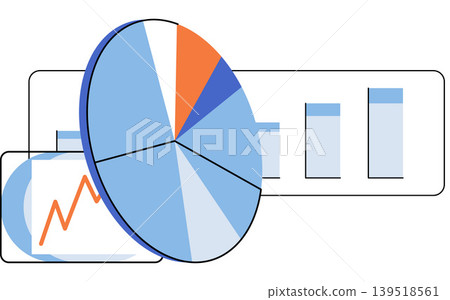 3D pie chart with bar graph and line chart vector illustration. Data analysis, business growth, financial reporting, market research, statistics, strategy. Circle diagram with column chart and trend 3D pie chart with bar graph and line chart vector illustration. Data analysis, business growth, financial reporting, market research, statistics, strategy. Circle diagram with column chart and trend 139518561