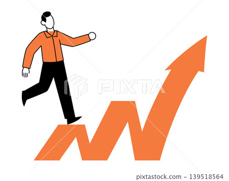 Man walks up a rising orange arrow vector illustration. Career growth, financial success, business motivation, market trends, personal development, goal achievement. Professional climbing a chart. Man walks up a rising orange arrow vector illustration. Career growth, financial success, business motivation, market trends, personal development, goal achievement. Professional climbing a chart. 139518564