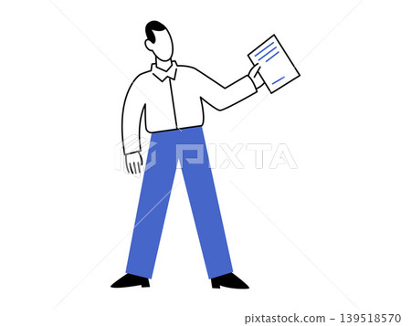 Man holding a paper document vector illustration. Business report, legal contract, office work, corporate success, management, administration. Male employee displaying a sheet of paper and showing 139518570