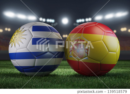 Two soccer balls in flags colors on a stadium blurred background. Uruguay vs Spain. 3D image. 139518579