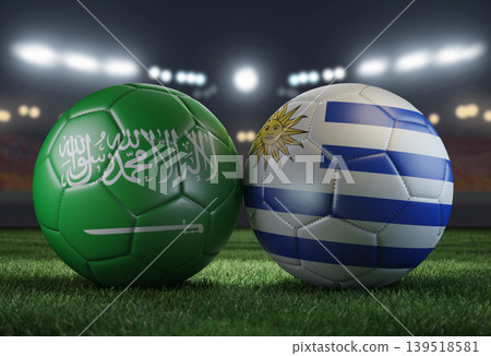 Two soccer balls in flags colors on a stadium blurred background. Saudi Arabia vs Uruguay. 3D image. 139518581