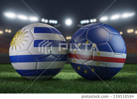 Two soccer balls in flags colors on a stadium blurred background. Uruguay vs Cabo Verde. 3D image. Two soccer balls in flags colors on a stadium blurred background. Uruguay vs Cabo Verde. 3D image. 139518584