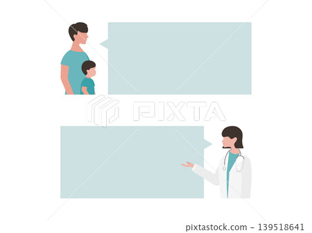 Vector illustration of a boy, his father, and a female doctor with speech bubbles (blue) Vector illustration of a boy, his father, and a female doctor with speech bubbles (blue) 139518641