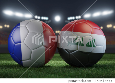 Two soccer balls in flags colors on a stadium blurred background. France vs Iraq. 3D image. Two soccer balls in flags colors on a stadium blurred background. France vs Iraq. 3D image. 139518653