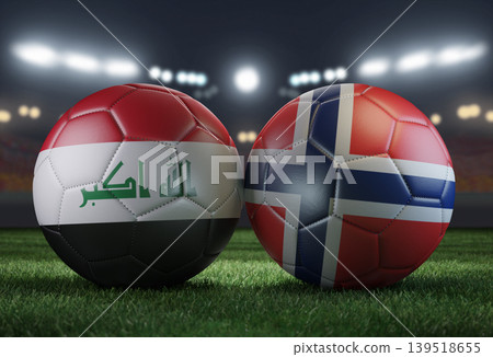 Two soccer balls in flags colors on a stadium blurred background. Iraq vs Norway. 3D image. Two soccer balls in flags colors on a stadium blurred background. Iraq vs Norway. 3D image. 139518655