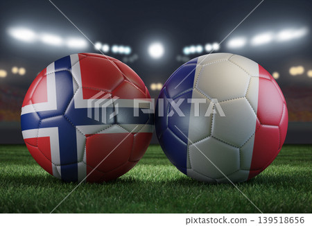 Two soccer balls in flags colors on a stadium blurred background. Norway vs France. 3D image. Two soccer balls in flags colors on a stadium blurred background. Norway vs France. 3D image. 139518656