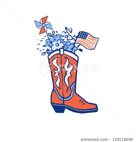 Hand drawn cowboy boot with American flag illustration for 4th of July designs. US Independence Day Hand drawn cowboy boot with American flag illustration for 4th of July designs. US Independence Day 139518699