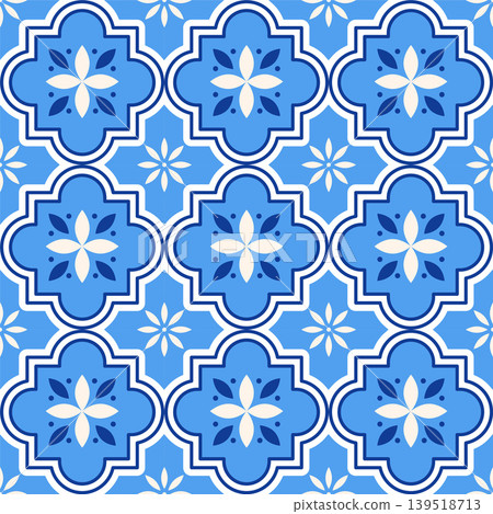 Traditional Azulejo Portuguese tile seamless pattern. Ornamental Mediterranean ceramic design Traditional Azulejo Portuguese tile seamless pattern. Ornamental Mediterranean ceramic design 139518713