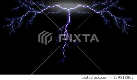 Purple lightning bolts on black background, dramatic electric energy effect for storm, power, fantasy and abstract digital design. Purple lightning bolts on black background, dramatic electric energy effect for storm, power, fantasy and abstract digital design. 139518862