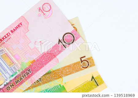 Various Turkmenistan cash manat national currency banknotes are issued by Turkmen Central Bank 139518969