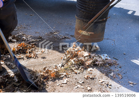 Workers collect leaves with vacuum machine at park in autumn, cleaning area to maintain landscape Workers collect leaves with vacuum machine at park in autumn, cleaning area to maintain landscape 139519006