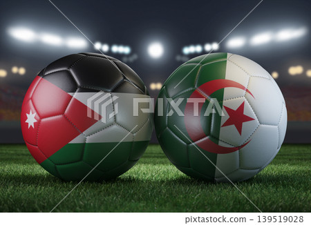 Two soccer balls in flags colors on a stadium blurred background. Jordan and Algeria. 3D image. Two soccer balls in flags colors on a stadium blurred background. Jordan and Algeria. 3D image. 139519028