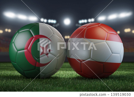 Two soccer balls in flags colors on a stadium blurred background. Algeria vs Austria. 3D image. Two soccer balls in flags colors on a stadium blurred background. Algeria vs Austria. 3D image. 139519030