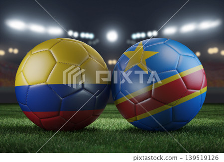 Two soccer balls in flags colors on a stadium blurred background. Colombia vs DR Congo. 3D image. Two soccer balls in flags colors on a stadium blurred background. Colombia vs DR Congo. 3D image. 139519126