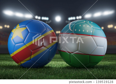Two soccer balls in flags colors on a stadium blurred background. DR Congo vs Uzbekistan. 3D image. Two soccer balls in flags colors on a stadium blurred background. DR Congo vs Uzbekistan. 3D image. 139519128