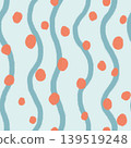 Hand drawn seamless wavy stripe pattern with coral orange polka dots on light blue background digital paper. 139519248