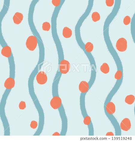 Hand drawn seamless wavy stripe pattern with coral orange polka dots on light blue background digital paper. Hand drawn seamless wavy stripe pattern with coral orange polka dots on light blue background digital paper. 139519248