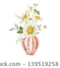 Hand painted watercolor summer bouquet with white peonies anemones sweet pea in red striped ceramic vase. 139519258