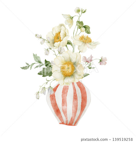 Hand painted watercolor summer bouquet with white peonies anemones sweet pea in red striped ceramic vase. Hand painted watercolor summer bouquet with white peonies anemones sweet pea in red striped ceramic vase. 139519258
