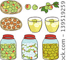 Hand-painted style plum wine, pickled plums, drinks, syrup 139519259