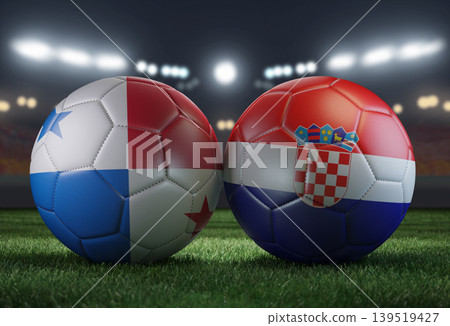 Two soccer balls in flags colors on a stadium blurred background. Panama vs Croatia. 3D image. 139519427