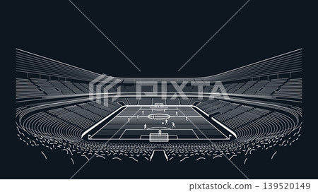 Minimalist soccer stadium in match day white lines on dark blue background have blank space. 139520149
