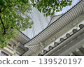 The intricately crafted roof of the Ginza Kabuki-za Theatre and the fresh greenery. 139520197