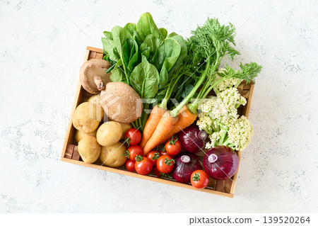 Various vegetables packed in a wooden box Various vegetables packed in a wooden box 139520264