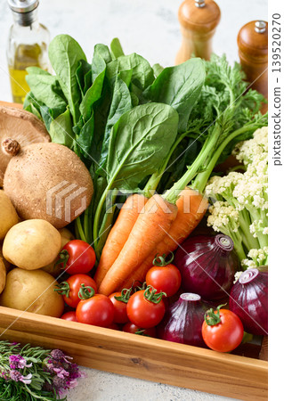 Various vegetables packed in a wooden box Various vegetables packed in a wooden box 139520270