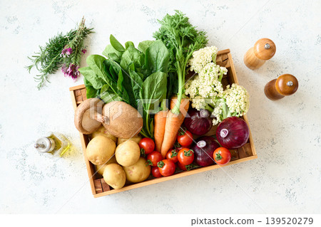 Various vegetables packed in a wooden box Various vegetables packed in a wooden box 139520279