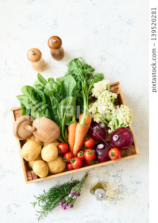 Various vegetables packed in a wooden box Various vegetables packed in a wooden box 139520281