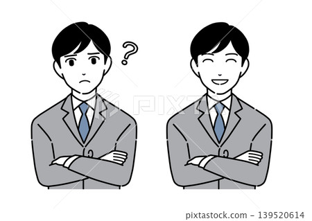 A set of monochrome illustrations of a young man in a suit with his arms crossed, deep in thought. 139520614