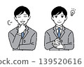 A young man in a suit, with his hand on his chin, deep in thought. Positive. Two different facial expressions. 139520616
