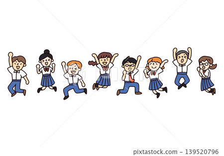 An illustration of students in short-sleeved uniforms jumping. An illustration of students in short-sleeved uniforms jumping. 139520796