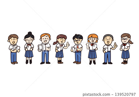 插圖描繪了身穿短袖校服的學生使用智慧型手機的場景。 插圖描繪了身穿短袖校服的學生使用智慧型手機的場景。 139520797