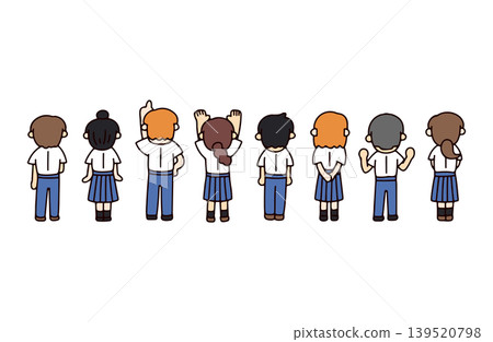 An illustration of a student in a short-sleeved uniform, seen from behind. An illustration of a student in a short-sleeved uniform, seen from behind. 139520798