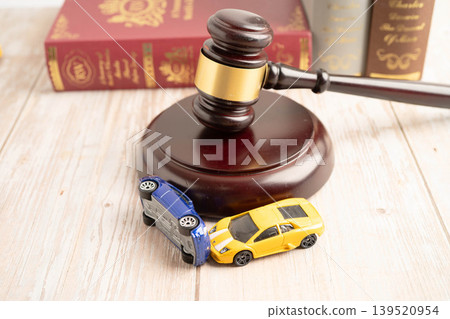 Bangkok, Thailand March 15, 2023 Car accident lawsuit and insurance, Judge hammer with car model. Bangkok, Thailand March 15, 2023 Car accident lawsuit and insurance, Judge hammer with car model. 139520954