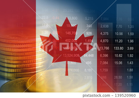 Canada flag with stock market finance, economy trend graph digital technology. Canada flag with stock market finance, economy trend graph digital technology. 139520960