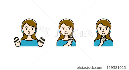 Vector illustration material: Young women's reaction illustrations with smiling, surprised, and troubled expressions. Vector illustration material: Young women's reaction illustrations with smiling, surprised, and troubled expressions. 139521023