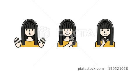 向量插圖素材：年輕女性的反應插圖，表情包括微笑、驚訝和困惑。 139521028