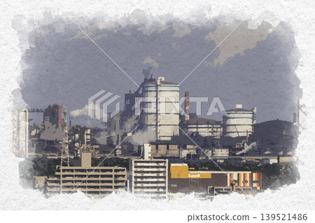 Watercolor style painting of Nippon Steel's Kyushu Works in Oita City, Oita Prefecture. 139521486